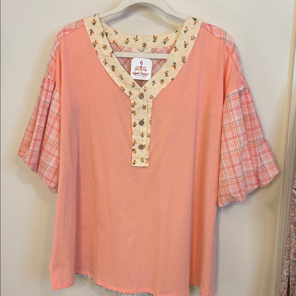 Floral / plaid Balloon Sleeve Top